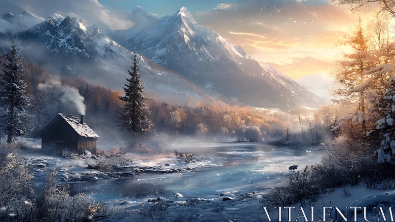 Winter cabin beside frozen river under glowing alpine sunrise.