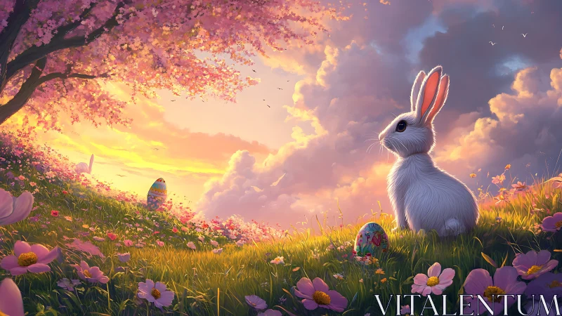 Sunset bunny listens to spring secrets among painted eggs