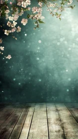 Wooden floor extends toward teal bokeh backdrop and blossoms