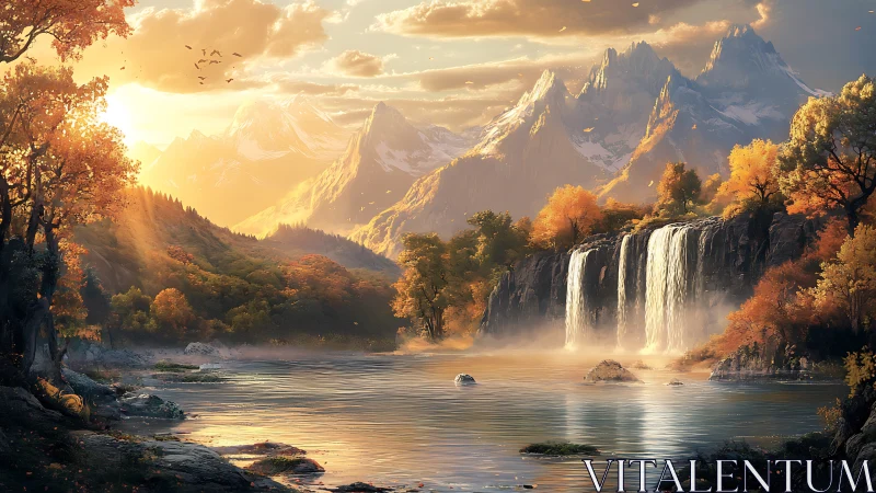 Autumnal mountain valley with tiered waterfalls under volumetric sunset light