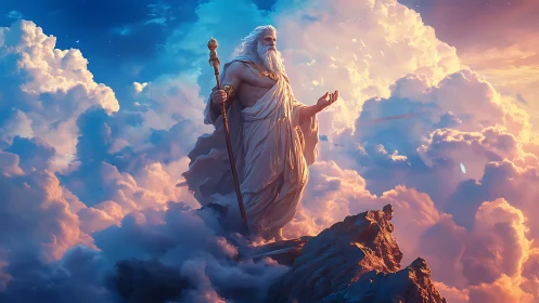Elderly robed figure with staff stands on rocky peak in clouds