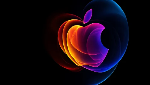 Neon gradient apple symbol on black digital background.