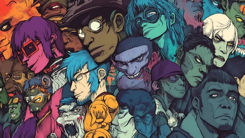 Crowded collage shows stylized mutant portraits in profile