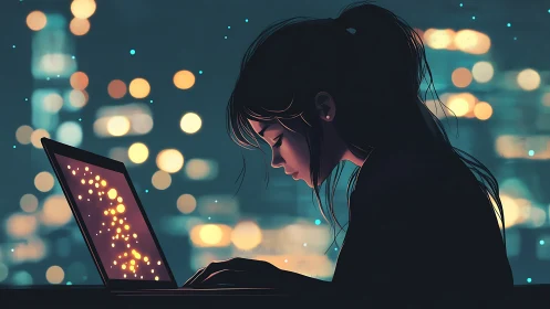 Silhouetted woman at laptop against defocused urban bokeh