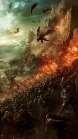 Epic Dragon Siege on Fortress Engulfed in Flames.