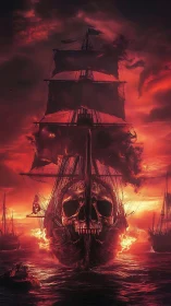 Skull-prowed ghost ship stalks a blood-red burning sea