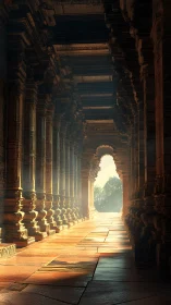 Sunlit ancient stone corridor leads toward a luminous archway.