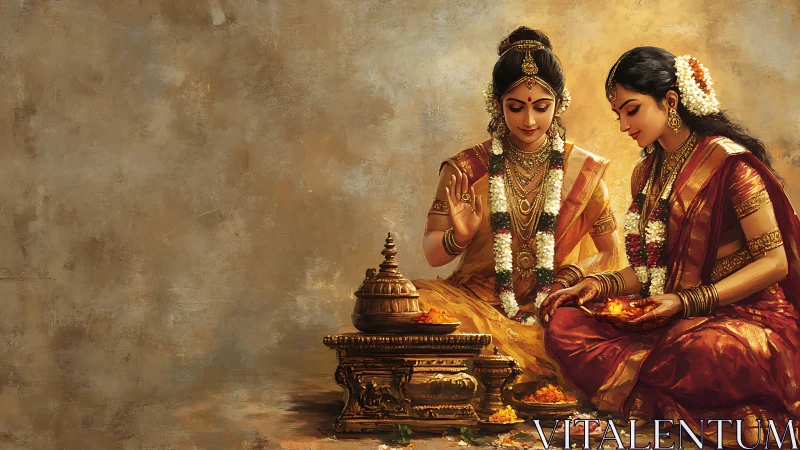 Two women in traditional Indian attire performing ritual, digital art.