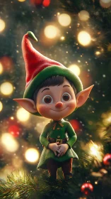 Cartoon elf character stands on tree branch with lights