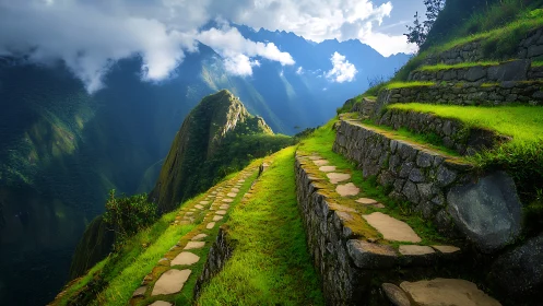 Sunlit mountain path winding through emerald terraces.