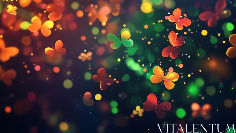 Vibrant bokeh butterflies in luminous abstract night field.