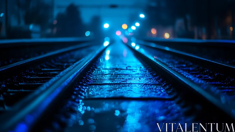 Wet railway tracks extend into distant defocused lights