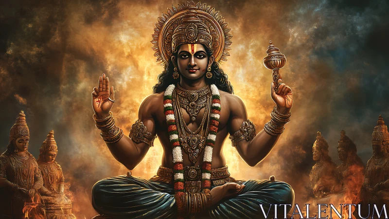 Radiant deity in fiery halo, crowned with serene cosmic poise.