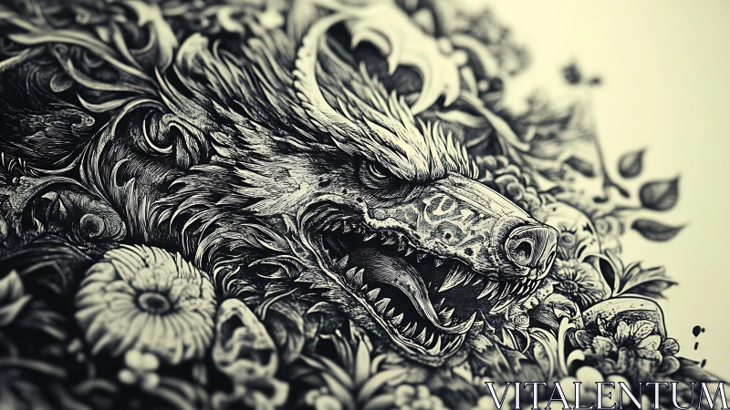 Wild wolf illustration blooms from swirling forest flowers