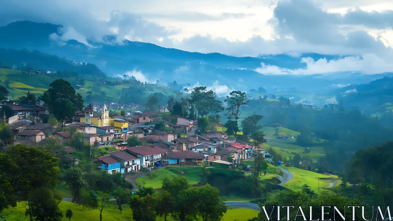 Mountain village sits in misty green valley at early morning