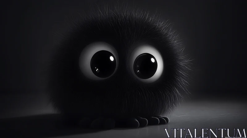 Soft black fluffball with oversized eyes in low-key light.