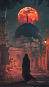 Blood-red moon illuminates cloaked figure in ancient alleyway
