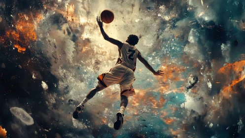 Soaring basketball player leaps into a bold cosmic dream