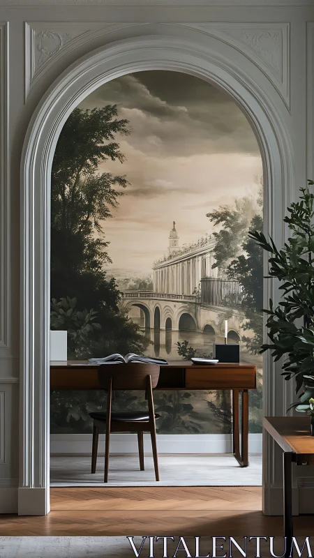 Classical mural framed by arched niche in study wall.