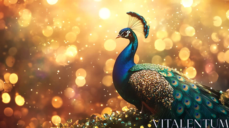 Vibrant peacock against glowing golden bokeh lights.