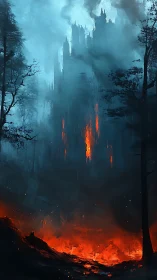 Mystical Castle Engulfed in Flames and Ethereal Fog.