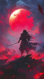 Lone samurai stands beneath a glowing crimson moon.
