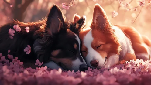 Two Dogs Resting in Blooming Pink Flowers.