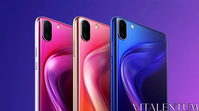 Gradient color smartphones with dual cameras in a row.