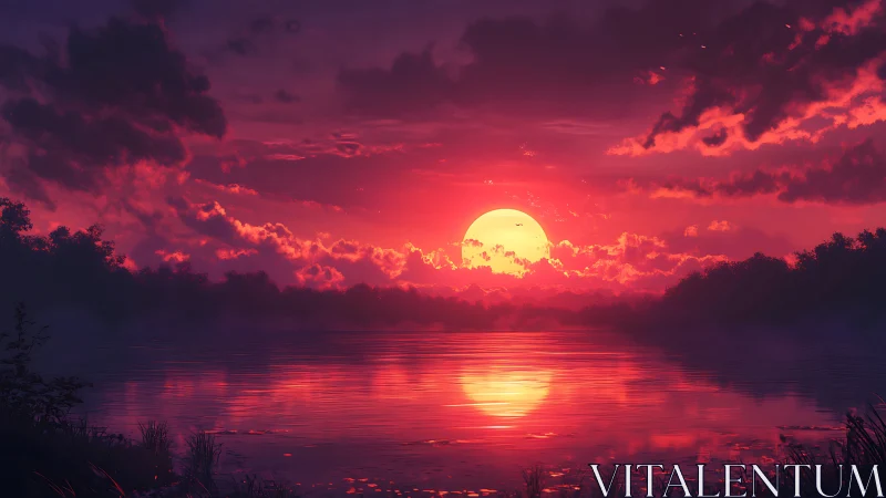 Crimson sun sinks over misty lake with mirrored glow.