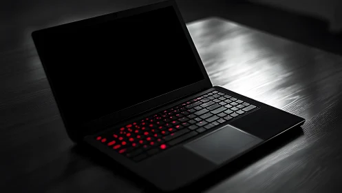 Moody laptop glow with soft red keys on a dark desk.