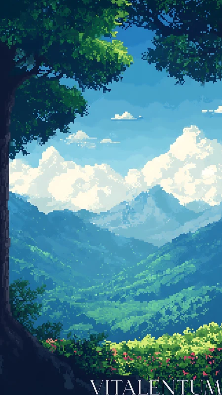 Pixelated mountain valley with trees and distant ridges.