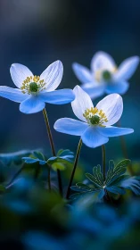 Moonlit woodland anemones whisper in soft blue glow.