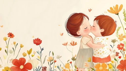 Two children kissing among wildflowers in garden setting.