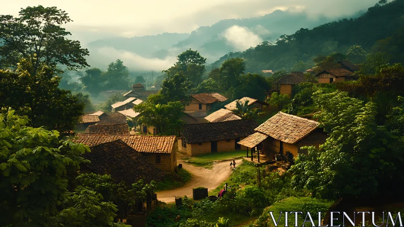 Rural hillside village with tiled roofs in misty valley.