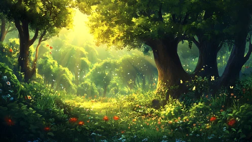 Luminous Woodland Sanctuary: Ancient Trees Guard Enchanted Garden.