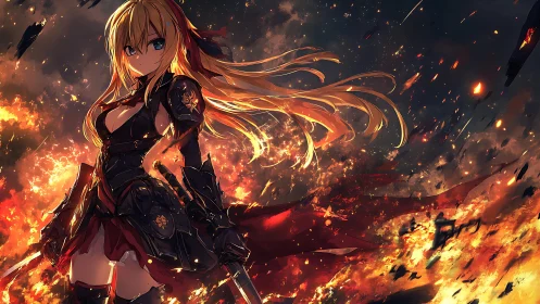 Flaming warrior girl stands defiant amid a burning battlefield