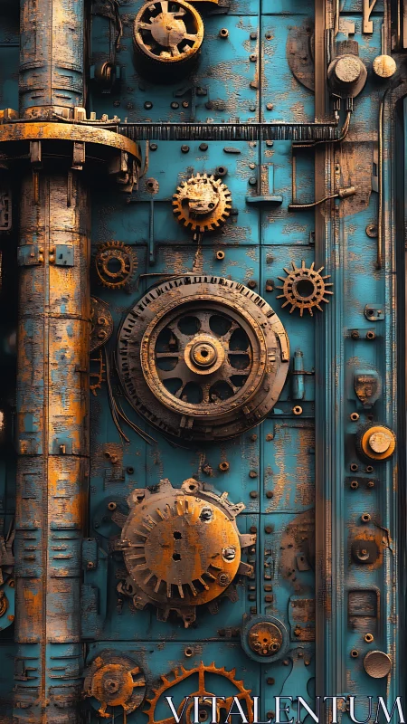 Rust-kissed teal machinery of gears, pipes, and stories.