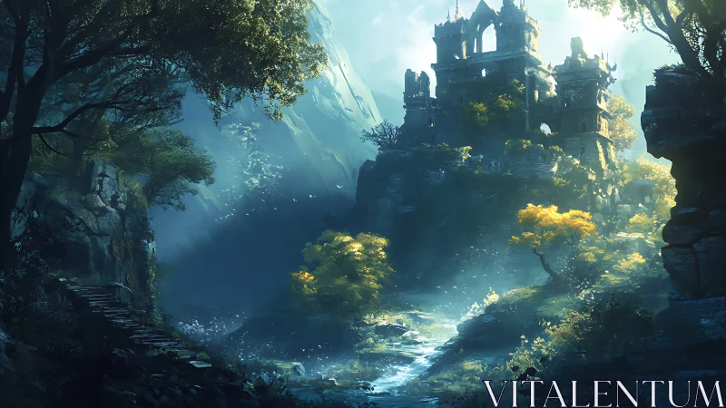 Sunlit Ruined Castle Above a Mist-Silver Enchanted Stream.