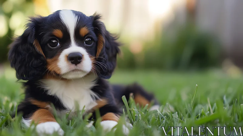 Tricolor puppy portrait on lawn with creamy bokeh background.