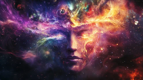 Cosmic dreamer’s face woven from swirling starlight.