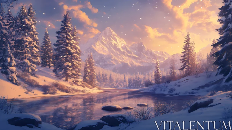 Snow-laden alpine river valley under warm twilight sky