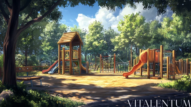 Sunlit playground sits empty under dense leafy trees