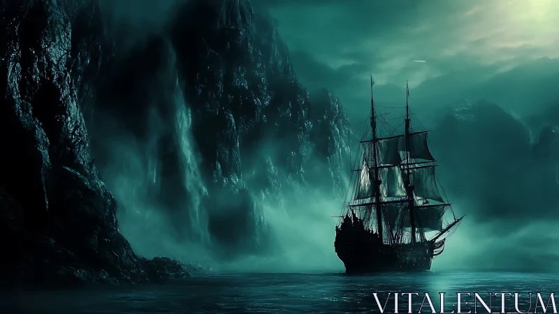 Tall ship silhouettes against misty cliffs in monochrome teal lighting