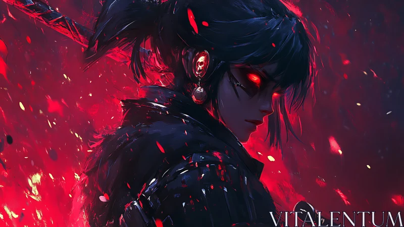 Warrior with glowing red eyes stands in swirling embers