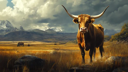 Longhorn cattle in open mountain grassland at dusk.