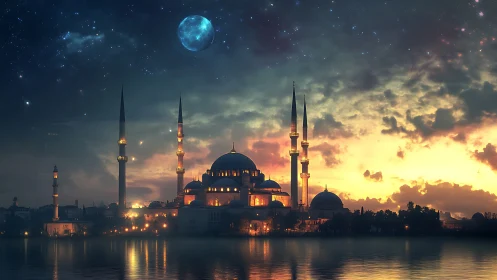 Luminous mosque skyline glows beneath a star-filled twilight
