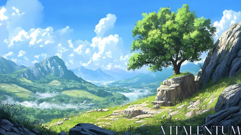 Solitary tree crowns sunlit cliff above wide green valley