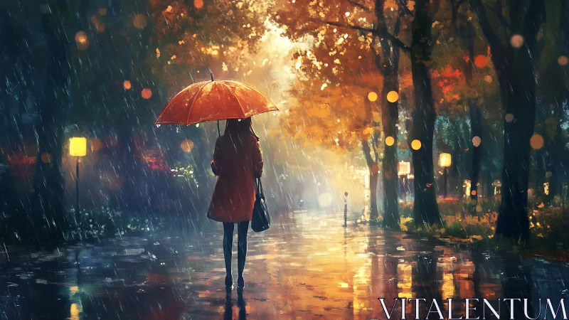 Figure under umbrella walks through wet tree lined pathway