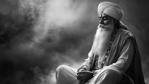 Elderly man in turban meditates in monochrome smoke field
