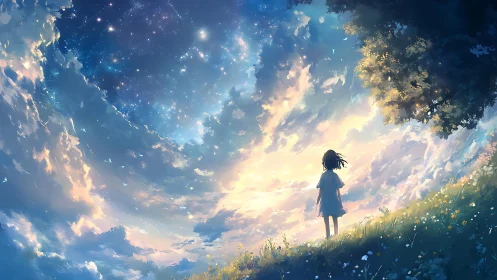 Child gazes into a luminous starry sky above a dreaming hill